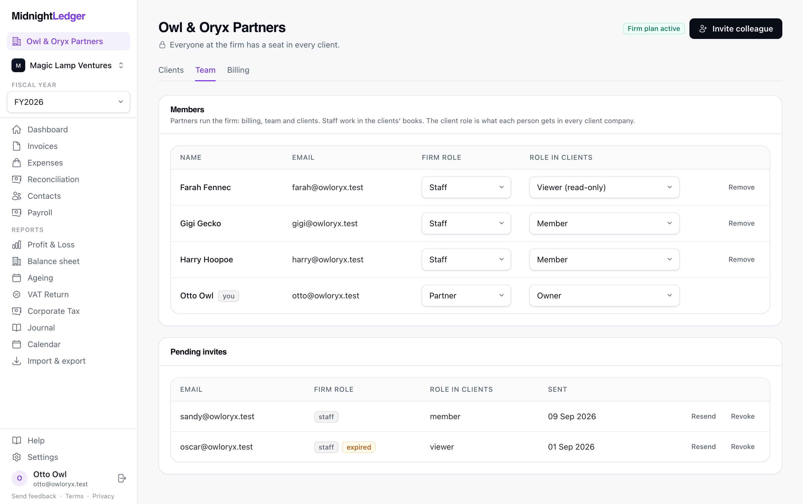 Midnight Ledger screenshot: Add a colleague once, and they are in every client