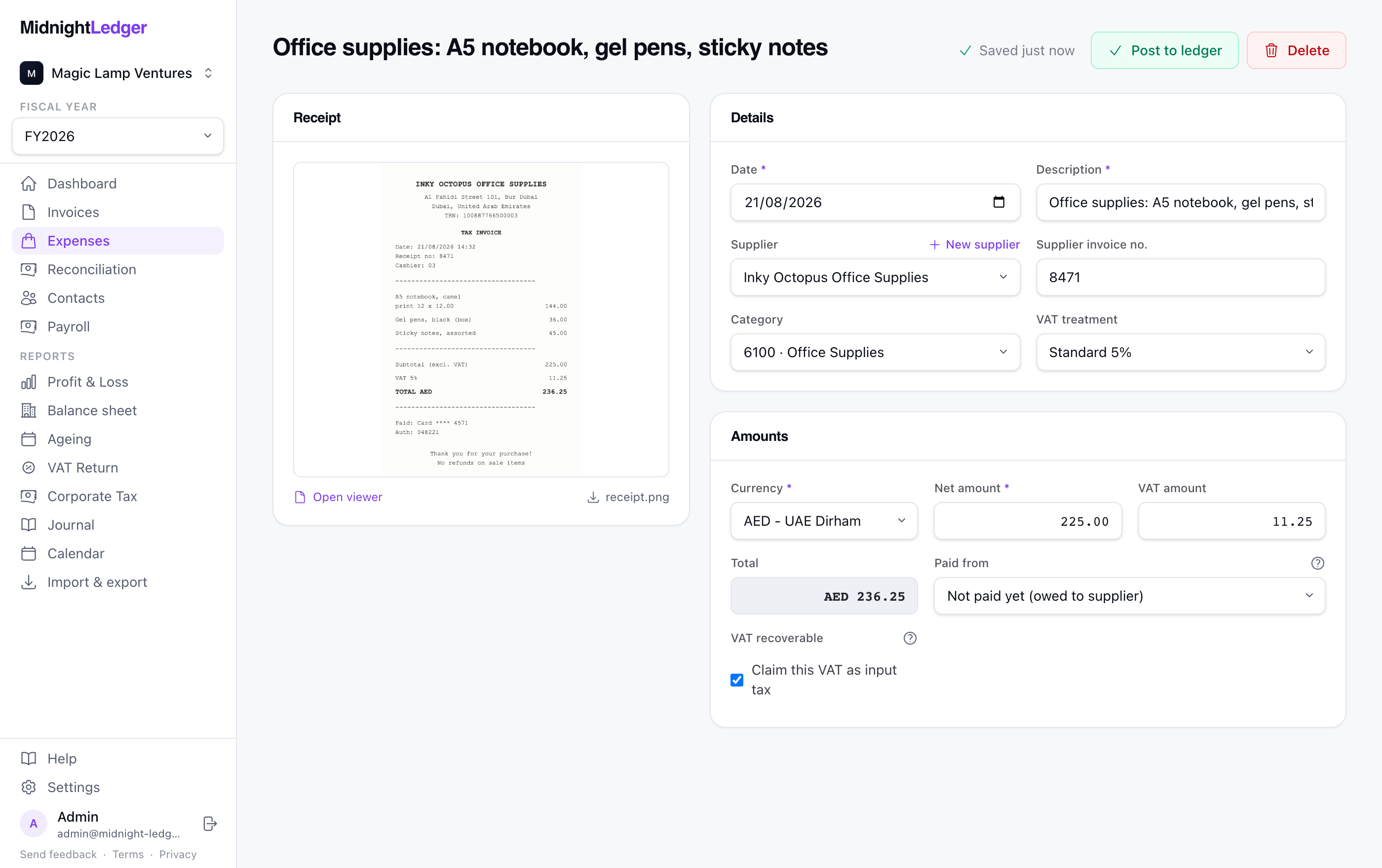 Midnight Ledger screenshot: Drop a receipt, the bookkeeping does itself