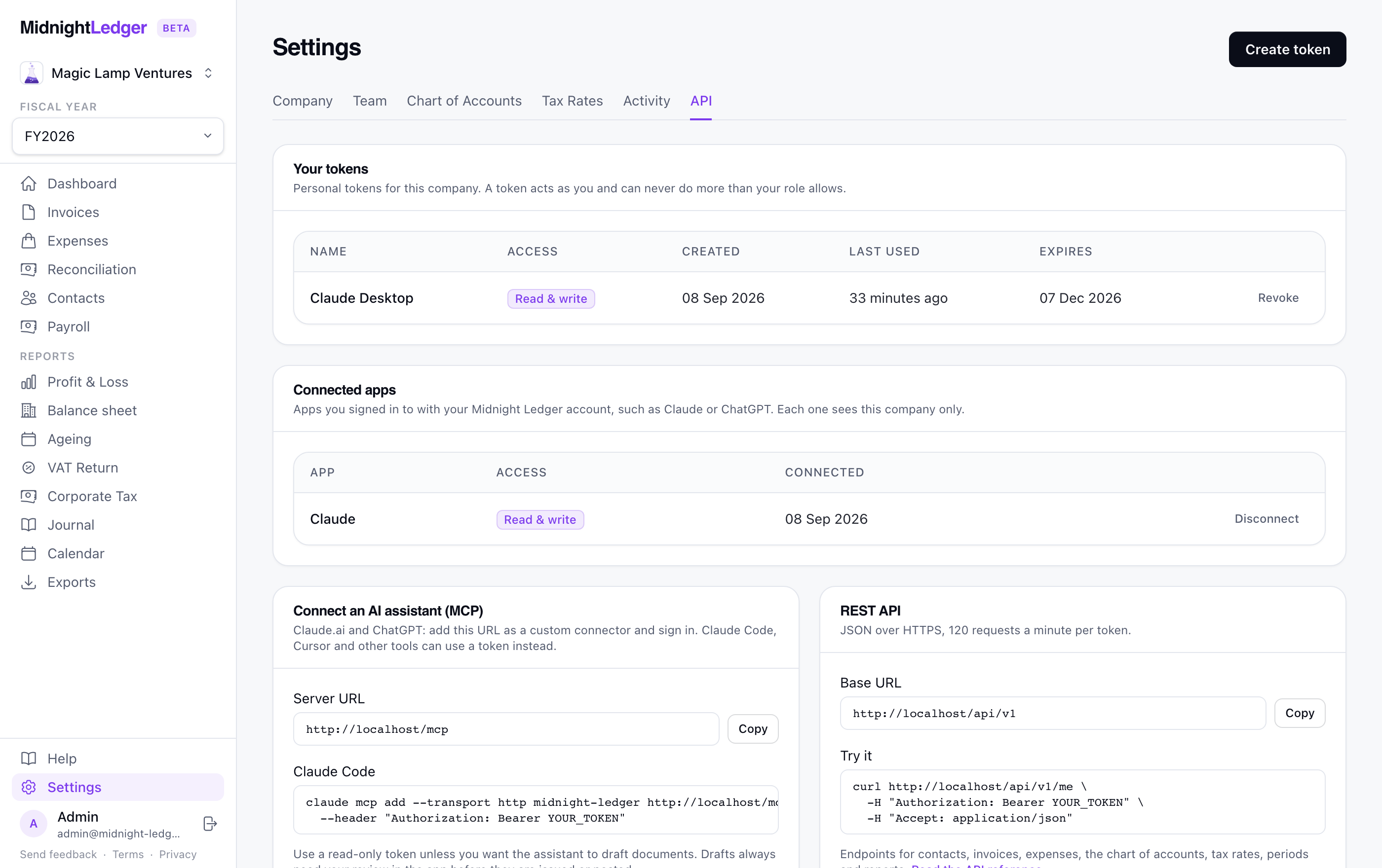 Midnight Ledger screenshot: Connect Claude, ChatGPT, or your own tools