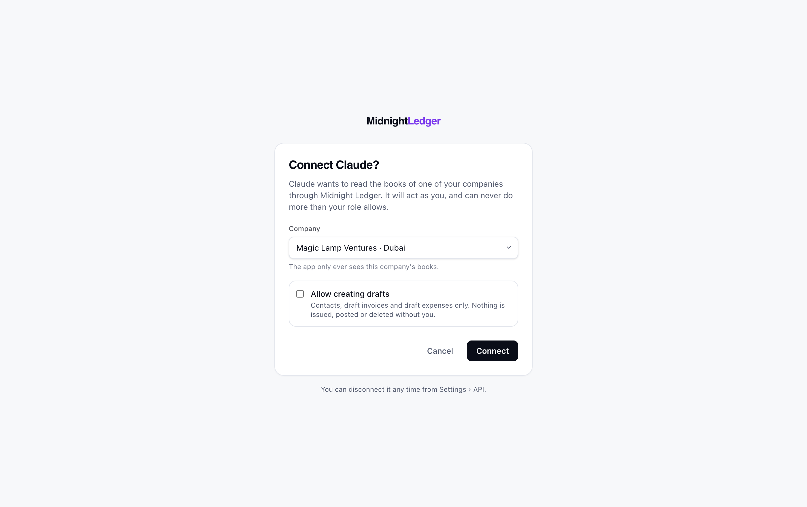 The Midnight Ledger consent screen asking which company to connect and whether Claude may create drafts