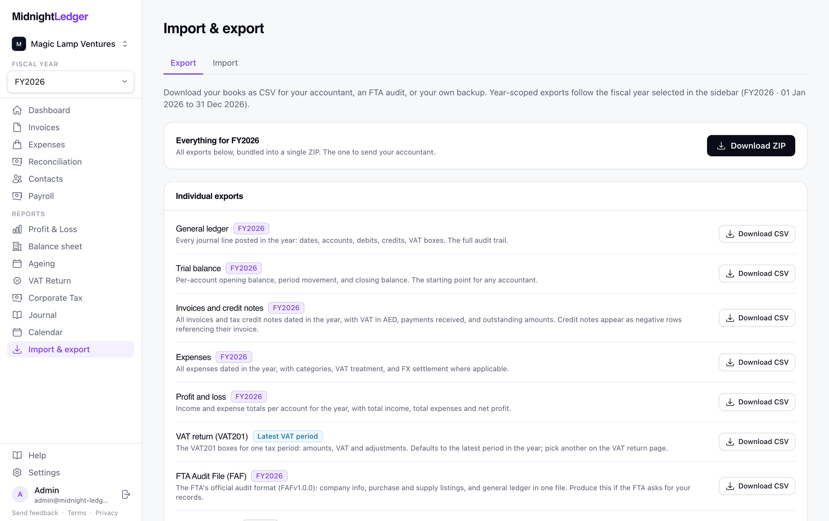 Midnight Ledger screenshot: Everything exports, nothing is trapped