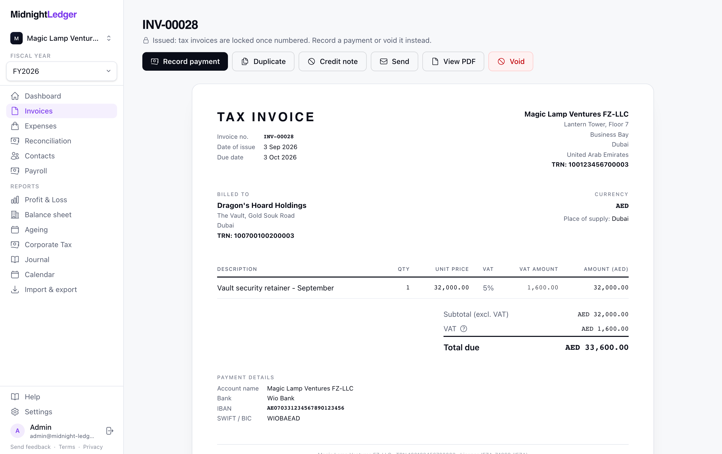 Midnight Ledger screenshot: Invoices you edit like the paper they become