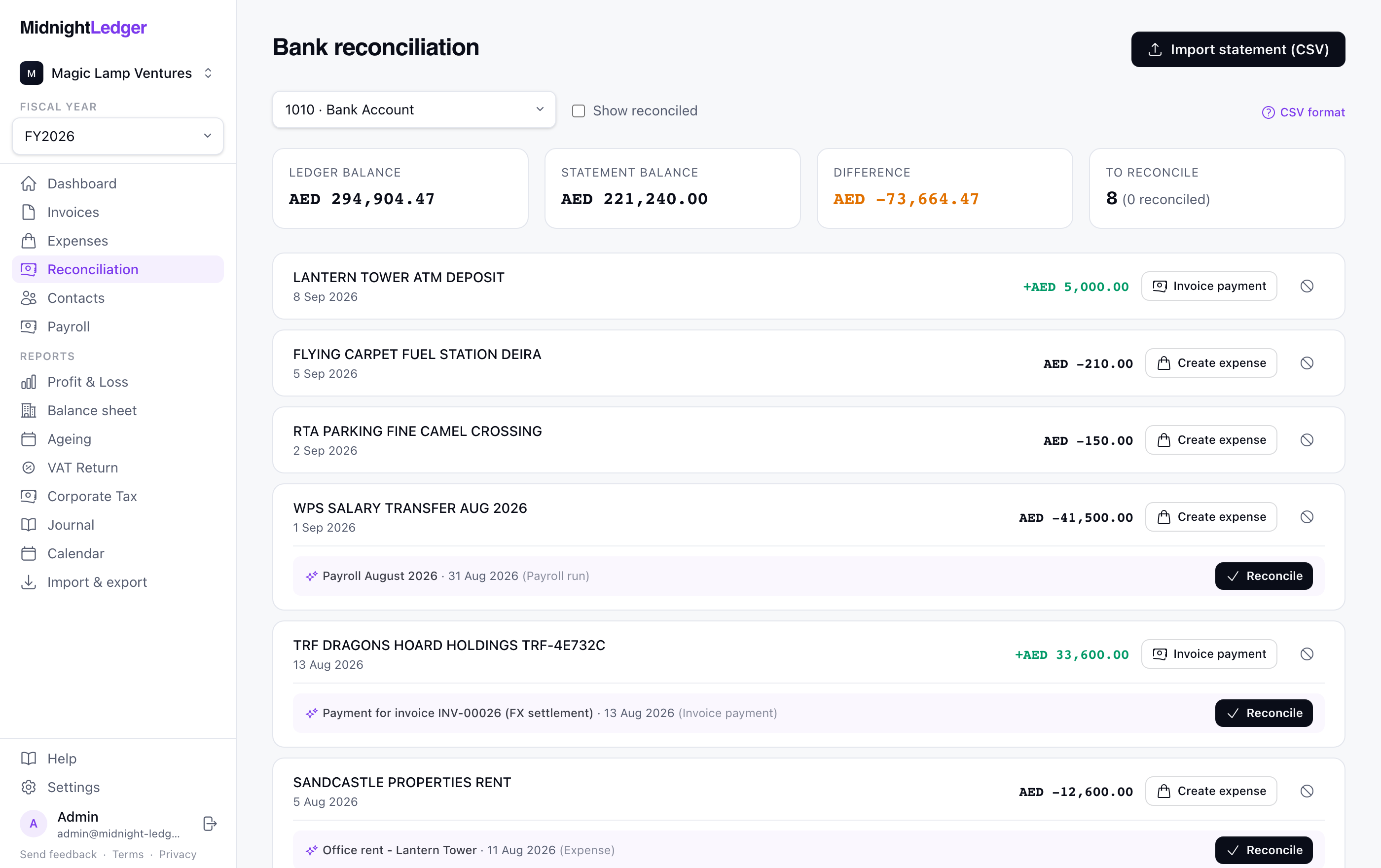 Midnight Ledger screenshot: Your bank statement, matched to your books