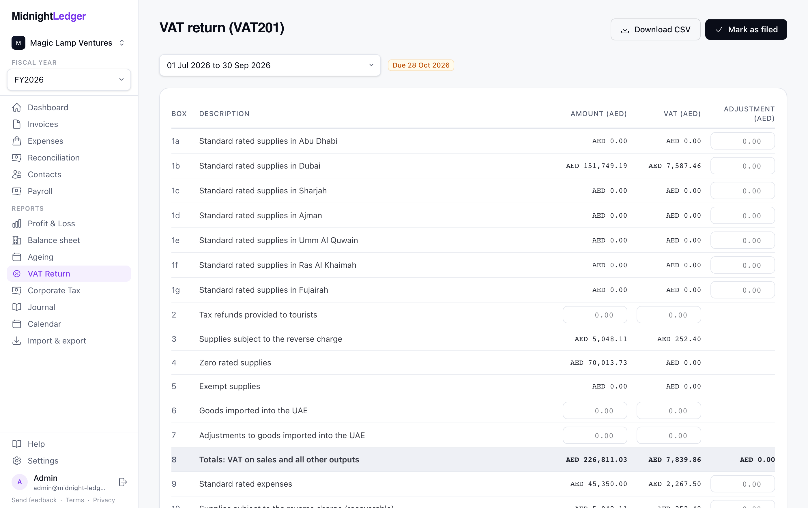 Midnight Ledger screenshot: The VAT201, filled in as you work
